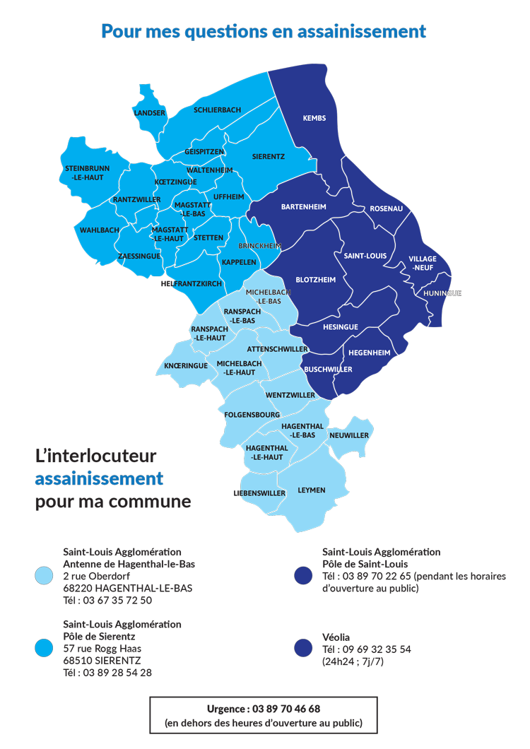 Carte pour trouver mon interlocuteur pour mes questions sur l'assainissement sur le territoire de Saint-Louis Agglomération (MAJ 27 septembre 2022)