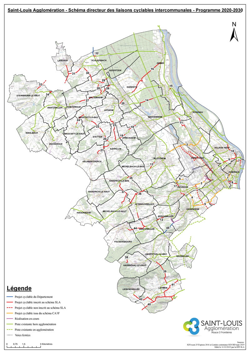 Plan des liaisons cyclables intercommunales existantes et à venir sur la période 2020-2030