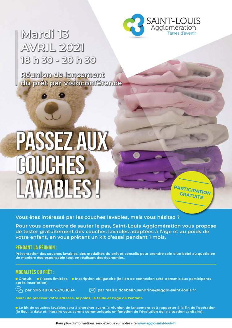 Passez Aux Couches Lavables Pret D Un Kit D Essai Gratuit Pour Une Duree D Un Mois Reunion De Lancement En Visioconference Mardi 13 Avril 21 Saint Louis Agglomeration