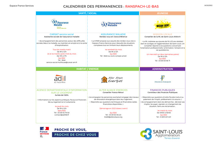 Calendrier des permanences de l'Espace France Services de Ranspach-le-Bas (dernière mise à jour : 14/10/2022)