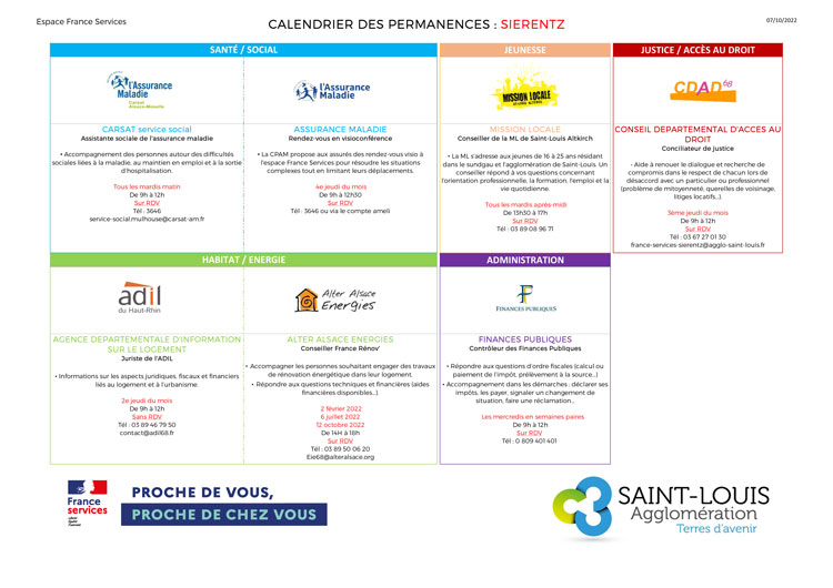 Calendrier des permanences de l'Espace France Services de Sierentz (dernière mise à jour : 11/10/2022)
