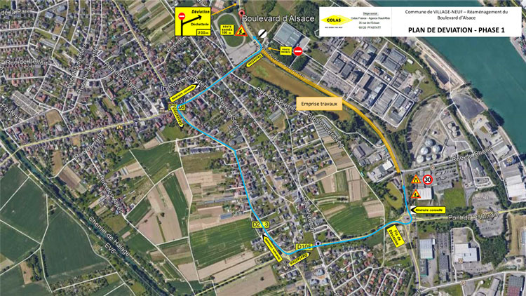 Travaux boulevard d'Alsace à Village-Neuf 2021 : plan de déviation PHASE 1