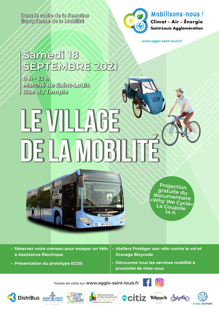 Affiche Village de la mobilité : samedi 18 septembre 2021 de 8h à 13h au marché de Saint-Louis