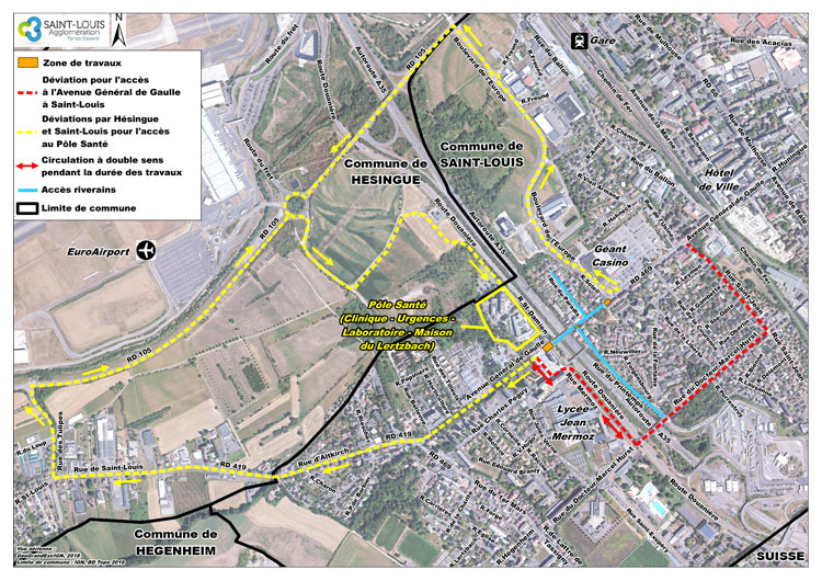 Travaux de réparation de l'infrastructure du tram avenue du Général de Gaulle et Place Mermoz du 2 au 21 août 2021 : plan de déviation de déviation global (riverains + clinique)