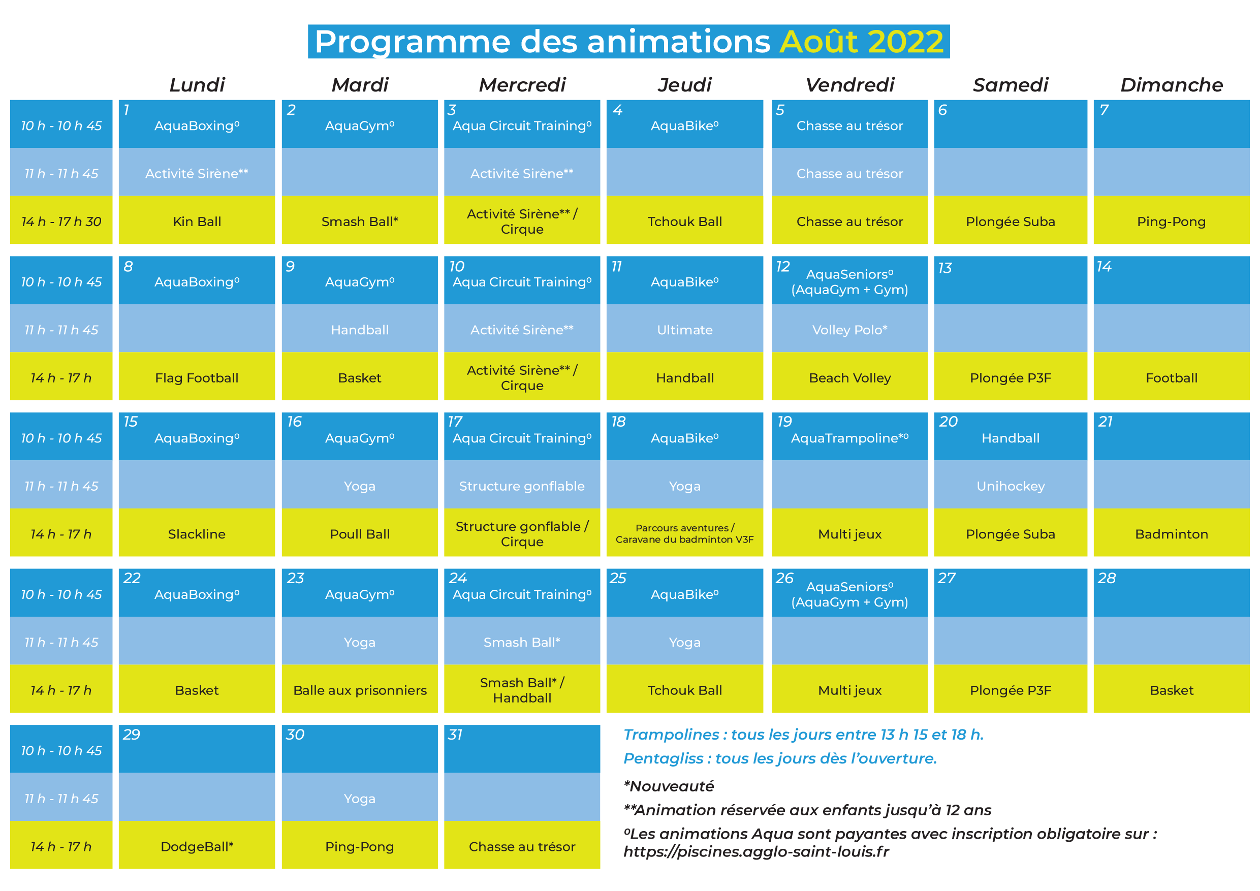 Programme des animations estivales 2022 au Centre nautique Pierre de Coubertin - animations août 2022