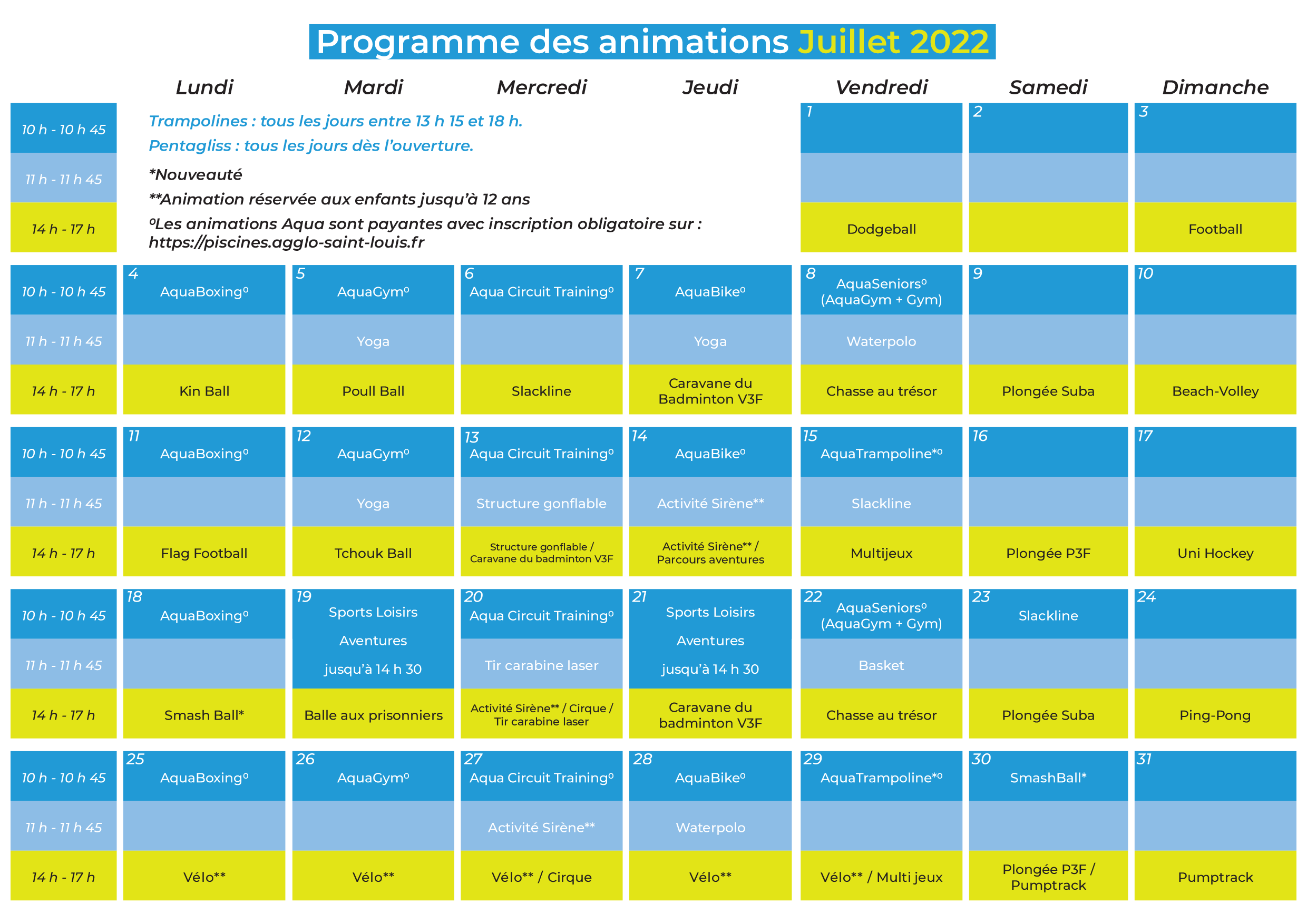 Programme des animations estivales 2022 au Centre nautique Pierre de Coubertin - animations juillet 2022