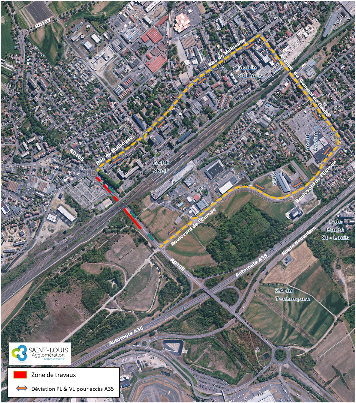 Travaux de nuit à Saint-Louis : tronçon RD105 entre pont SNCF et boulevard de l’Europe 23 et 24 mai 2022